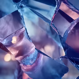 a broken piece of glass with a laughing man sticking out of it