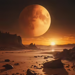 some rocks a hill a large yellow moon and some water