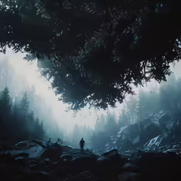 lone man is walking away from a mysterious forest