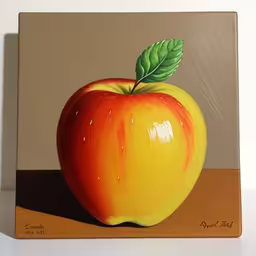 a painting of an apple with leaves on it,a painting of an orange and a yellow apple,a painting of a yellow and orange apple,the painting is of a peach on a brown plate,painting of an apple with a leaf on it