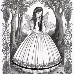 a black and white drawing of a woman in an elaborate dress