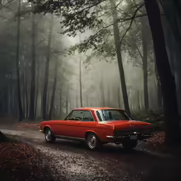 a red car parked on top of a forest covered road