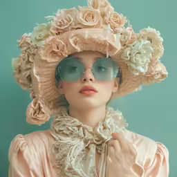 a woman wearing a flower hat and sun glasses