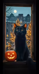 a cat sitting in front of a window with a carved pumpkin next to it
