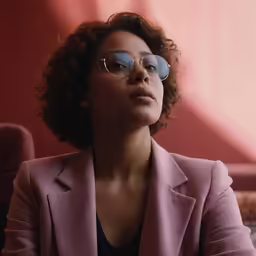 a woman in a pink jacket and sunglasses stares into the distance