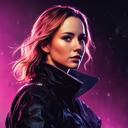 a beautiful blonde woman in leathers poses in front of a purple background,the character agent agent in avengers, an action film