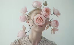 the woman is wearing flowers on her head