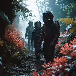 two people in black coats and hoods walking through a forest