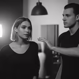 a man and a woman looking at a camera