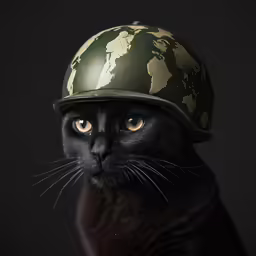 black cat with military style helmet staring directly at camera