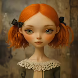 an orange haired girl in a green shirt with bows