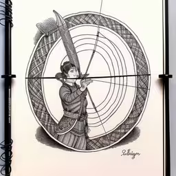 a woman holding a bow and arrow is drawing on paper,a drawing of a woman shooting a bow at an object,an image of a woman playing with a bow and arrow,the design of this drawing was drawn using an advanced technique,a woman wearing a long skirt and holding a bow, and aiming a target