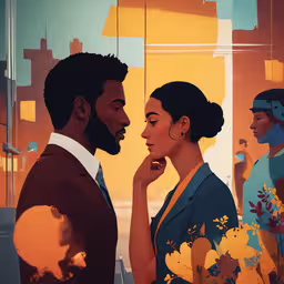 an illustration of a man with the woman in a yellow dress,the image is of two people standing side by side