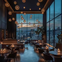 an empty restaurant with lights hanging from the ceiling