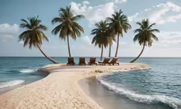 a group of chairs sitting in the sand near two palm trees