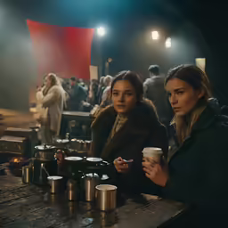 two women look at their phones while standing in a bar