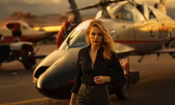 a young woman walking past a parked air plane