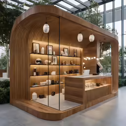 a wooden kiosk has multiple lights in it