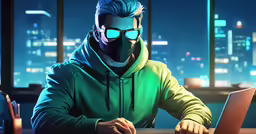 a man in a mask is typing on a laptop computer
