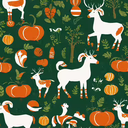 a wall with deer, pumpkins and other christmas items,a close up of a large group of different animals on a green background