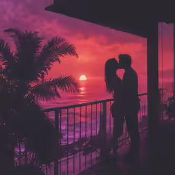 two people are kissing on the balcony of a hotel during sunset