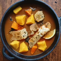 a close up view of fish, and fruit soup