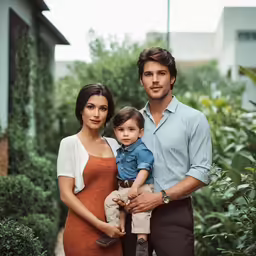 the young couple is posing for their family portrait