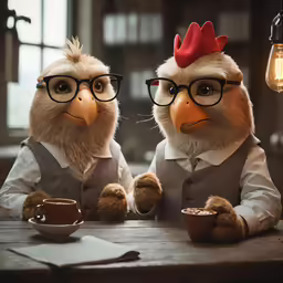 the two chicken characters are posed at a table