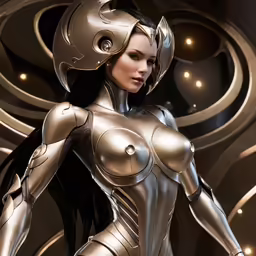 a lady in a metallic suit standing with her arms outstretched