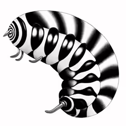 a black and white caterpillar with large stripes