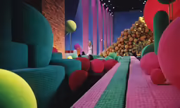 a room with brightly colored furniture on one floor and colorful walls on the other