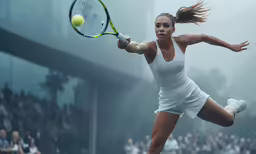 a woman in all white playing tennis at a tennis match