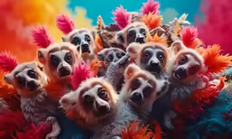 two dogs surrounded by other dogs in fake feathers