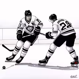 hockey players are playing against each other in the snow,this is two people playing a game of hockey