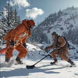 two people in orange snow suits on a ski slope