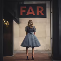 a woman in a dress looks away from a building