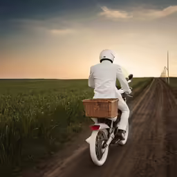 a person on a motor bike traveling down a dirt road