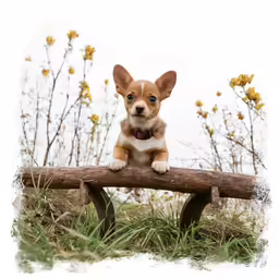a brown and white puppy on a bench looking at something