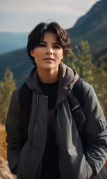 woman with hood on and mountains in the background