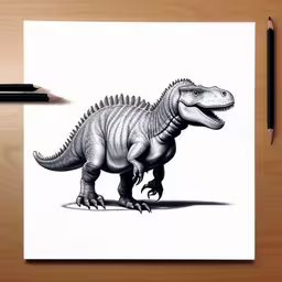 a black and white drawing of a t - shirt - eater,a drawing of a dinosaur sitting on top of paper,a drawing of a tyrans - like dinosaur,a pencil drawing of a t - shirt dinosaurs,an artistic drawing of a tyranaursaurus walking