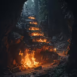 a fire burning inside of a dark forest