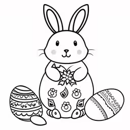 the cute bunny is sitting next to eggs