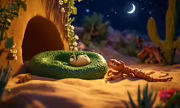 an animated snake laying on top of a fake green mattress