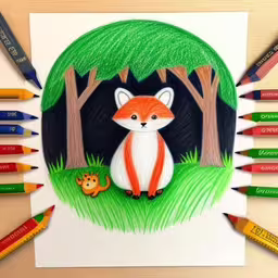 a cartoon painting with many crayons surrounding the painting