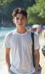 a boy in a white shirt standing by the water