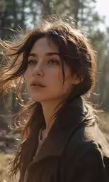 a girl wearing a brown jacket looking into the distance