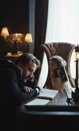 a man and woman sit at a table together with books on each side