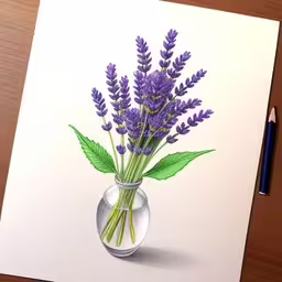 a sketch of some purple flowers and leaves,a watercolor drawing of flowers in a glass vase