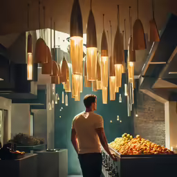 a man standing in front of some fruit