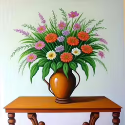 the painting shows flowers in a large vase,a painting of flowers is on a table